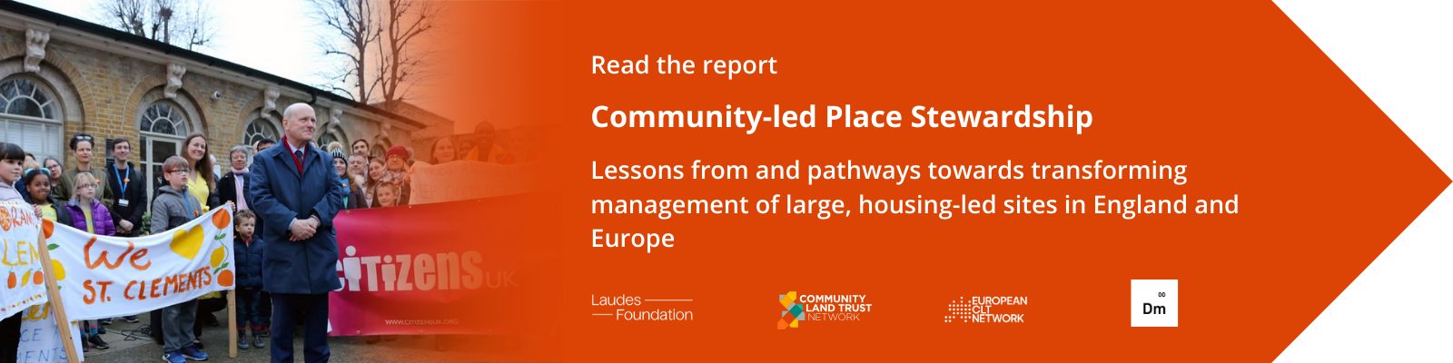 Large sites header image (800 x 200 px) (3) Image reads: Read the report Community-led Place Stewardship Lessons from and pathways towards transforming management of large, housing-led sites in England and Europe with logos for the Laudes Foundation, Community Land Trust Network, European CLT Network and Dark Matter Labs